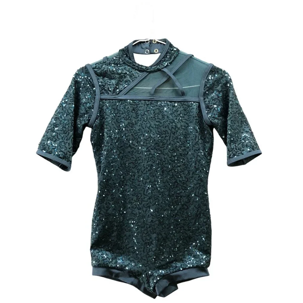 Weissman Biketard Mesh‎ Sequin Girls LC (14) TTYLXOX Teal Dance Costume